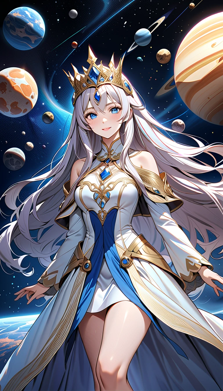 ( top quality,  high image quality,  high definition , 8k), The most beautiful goddess,  Anatomically Beautiful Body , Beautiful blue eyes, Beautiful pink lips,  perfect face,  Long Silky Straight Silver Hair, whole body,  White and Light Blue Royal Tunic ,  Quartz and Sapphire Crown ,  standing, Detailed illustrated art with quiet hand and foot movements ,  look at me and smile, Celestial Bodies, planet, nebula, solar system,  starry sky , meteor,  detailed illustrated art including backgrounds, 