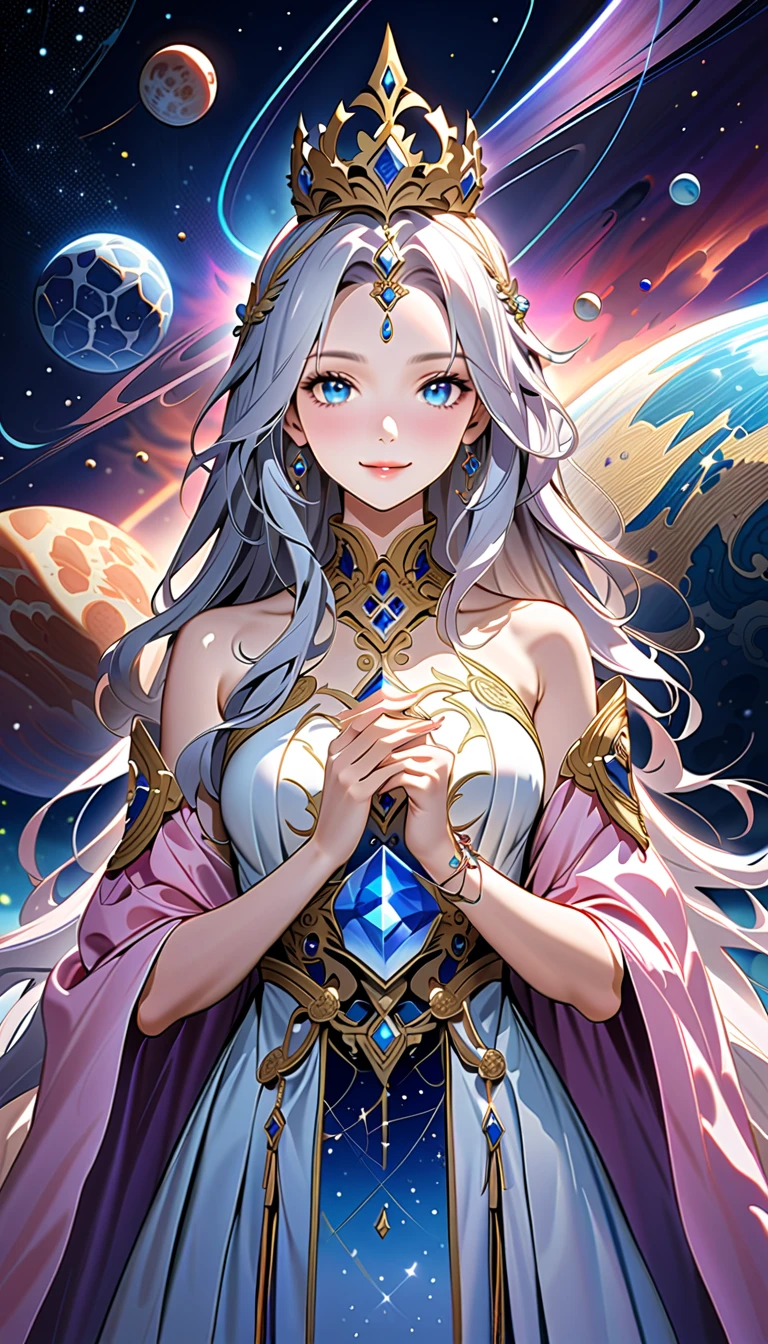 ( top quality,  high image quality,  high definition , 8k), The most beautiful goddess,  Anatomically Beautiful Body , Beautiful blue eyes, Beautiful pink lips,  perfect face,  Long Silky Straight Silver Hair, whole body,  White and Light Blue Royal Tunic ,  Quartz and Sapphire Crown ,  standing, Detailed illustrated art with quiet hand and foot movements ,  look at me and smile, Celestial Bodies, planet, nebula, solar system,  starry sky , meteor,  detailed illustrated art including backgrounds, 