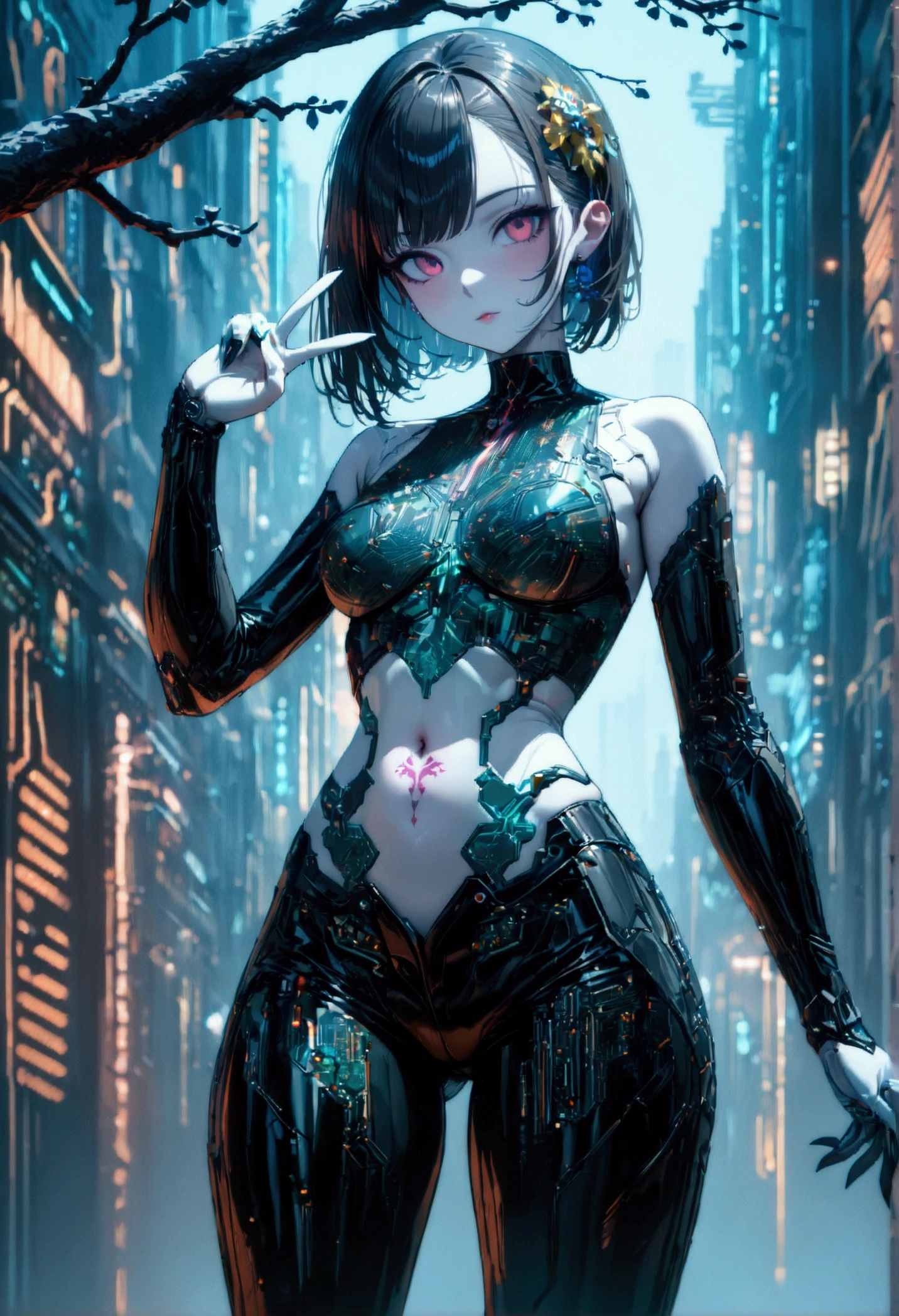  Beautiful Cyborg Girl ,  Halloween Props ,  hair accessories , ( Delicate Skin),  pale skin,  black crop top made of circuit boards ,  navel tattoo , sexy futuristic pants, Over the branch , v, Japanese with glitter effect ,  Cyberpunk Background ,Functional, Attractive, (  Masterpiece  :1.3), ( top quality:1.3), ( super detailed:1.3), 8k,  crystal clear