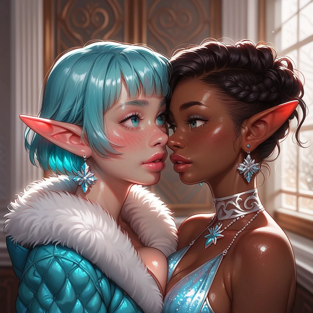 Masterpiece, Professional,  High Definition - quality, sharp focus, perfect artwork, Best Illustration,  trending on artstation, UHD, 4k, full body, NSFW

"1,cute  elf, ((anime elf  with extremely cute and beautiful aqua hair)), (((elf,elf ears))), ((lesbian,yuri)),(((big chest))),((((aqua hair ,undercut aqua hair,short hair,colored inner hair,ear breathing)))),(((aqua_eyes ))),intricate eyes,beautiful detailed eyes,symmetrical eyes,big eyes ,(((dark skin,dark_skin,lustrous skin ,bright skin ,skin tanned,shiny skin,very shiny skin,shiny body,plastic glitter skin,exaggerated shiny skin,illuminated skin))),(,detailed body,(detailed face)),
cute,slutty,erotic,daring,(((nsfw))), zettai ryouiki,revealing clothing,show skin,(((Sexy aqua fur coat, aqua fur coat outfit, wearing a ice dress ,aqua winter coat))), ((ice dress,elegant ice dress)),(white gloves,white clothes),(((intricate outfit,intricate clothes,embroidered outfit,ornate outfit,embroidered clothes,ornate clothes))),(dynamic pose ),embarrassed,(centered,scale to fit dimensions,Rule of thirds),inside,indoor,((cozy gothic room)),scenery ,((intricate scenery)),((winter decorations)), (Glossy winter ornaments),highres,sharp focus,(ultra detailed,extremely detailed),(photorealistic artwork ),(extremely detailed CG unity 8k wallpaper),(((vibrant colors,vibrant theme))),(intricate),(masterpiece), "
