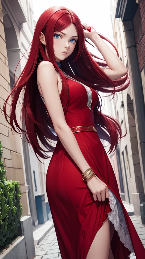 Beautiful redhead girl with brown eyes and long hair in elegant red dress on a photo shoot