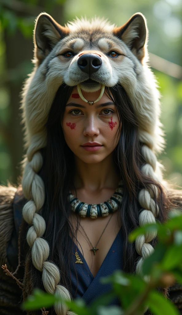 realistic photo, fantasy, (masterpiece, highly detailed, ultra realistic, highest quality, cinematic), (ohwx woman), anna sawai as princessmononoke, white undershirt, circlet, earrings, facepaint, floating hair, magical forest, fur cape, jewelry, angry looking, nature, necklace, outdoors, short hair, dirty grey sleeveless tunic, solo, tooth necklace, tree, upper body, white SHIRT, ((SFW)), magical forest, (best quality,4k,8k,highres,masterpiece:1.2),ultra-detailed,(realistic,photorealistic,photo-realistic:1.37),HDR,UHD, raw photo