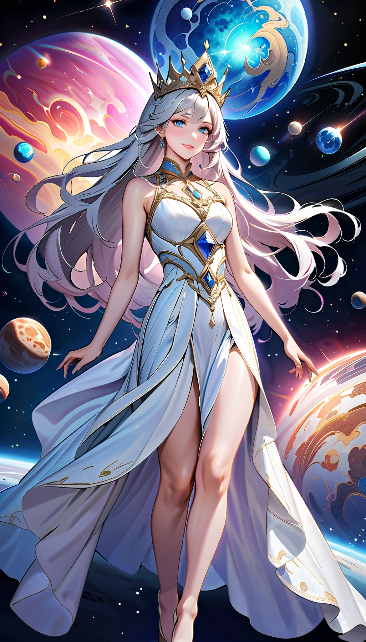 ( top quality,  high image quality,  high definition , 8k), The most beautiful goddess,  Anatomically Beautiful Body , Beautiful blue eyes, Beautiful pink lips,  perfect face,  Long Silky Straight Silver Hair, whole body,  White and Light Blue Royal Tunic ,  Quartz and Sapphire Crown ,  standing, Detailed illustrated art with quiet hand and foot movements ,  look at me and smile, Celestial Bodies, planet, nebula, solar system,  starry sky , meteor,  detailed illustrated art including backgrounds, 