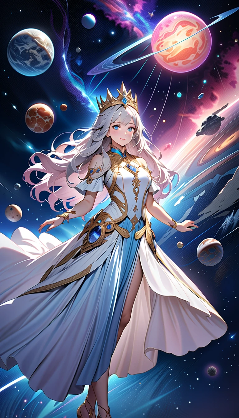 ( top quality,  high image quality,  high definition , 8k), The most beautiful goddess,  Anatomically Beautiful Body , Beautiful blue eyes, Beautiful pink lips,  perfect face,  Long Silky Straight Silver Hair, whole body,  White and Light Blue Royal Tunic ,  Quartz and Sapphire Crown ,  standing, Detailed illustrated art with quiet hand and foot movements ,  look at me and smile, Celestial Bodies, planet, nebula, solar system,  starry sky , meteor,  detailed illustrated art including backgrounds, 