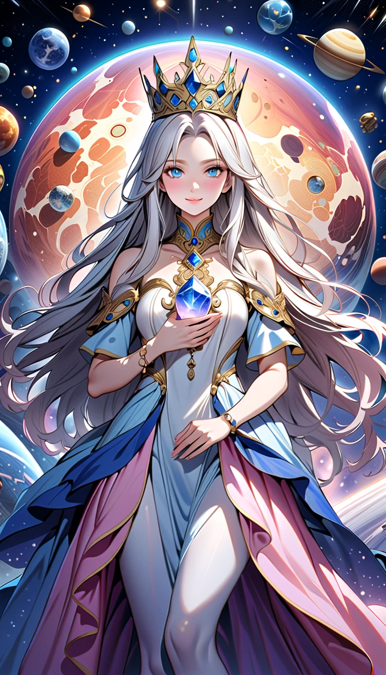 ( top quality,  high image quality,  high definition , 8k), The most beautiful goddess,  Anatomically Beautiful Body , Beautiful blue eyes, Beautiful pink lips,  perfect face,  Long Silky Straight Silver Hair, whole body,  White and Light Blue Royal Tunic ,  Quartz and Sapphire Crown ,  standing, Detailed illustrated art with quiet hand and foot movements ,  look at me and smile, Celestial Bodies, planet, nebula, solar system,  starry sky , meteor,  detailed illustrated art including backgrounds, 