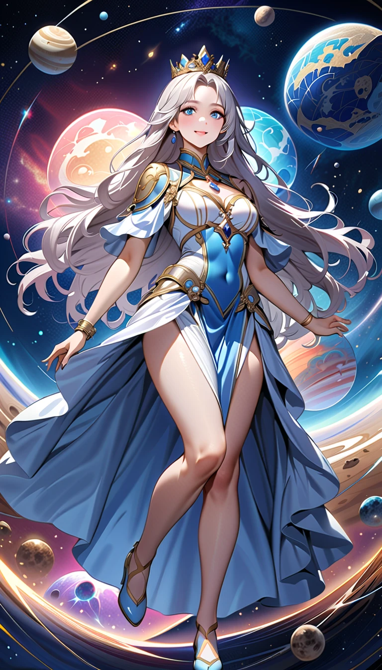 ( top quality,  high image quality,  high definition , 8k), The most beautiful goddess,  Anatomically Beautiful Body , Beautiful blue eyes, Beautiful pink lips,  perfect face,  Long Silky Straight Silver Hair, whole body,  White and Light Blue Royal Tunic ,  Quartz and Sapphire Crown ,  standing, Detailed illustrated art with quiet hand and foot movements ,  look at me and smile, Celestial Bodies, planet, nebula, solar system,  starry sky , meteor,  detailed illustrated art including backgrounds, 