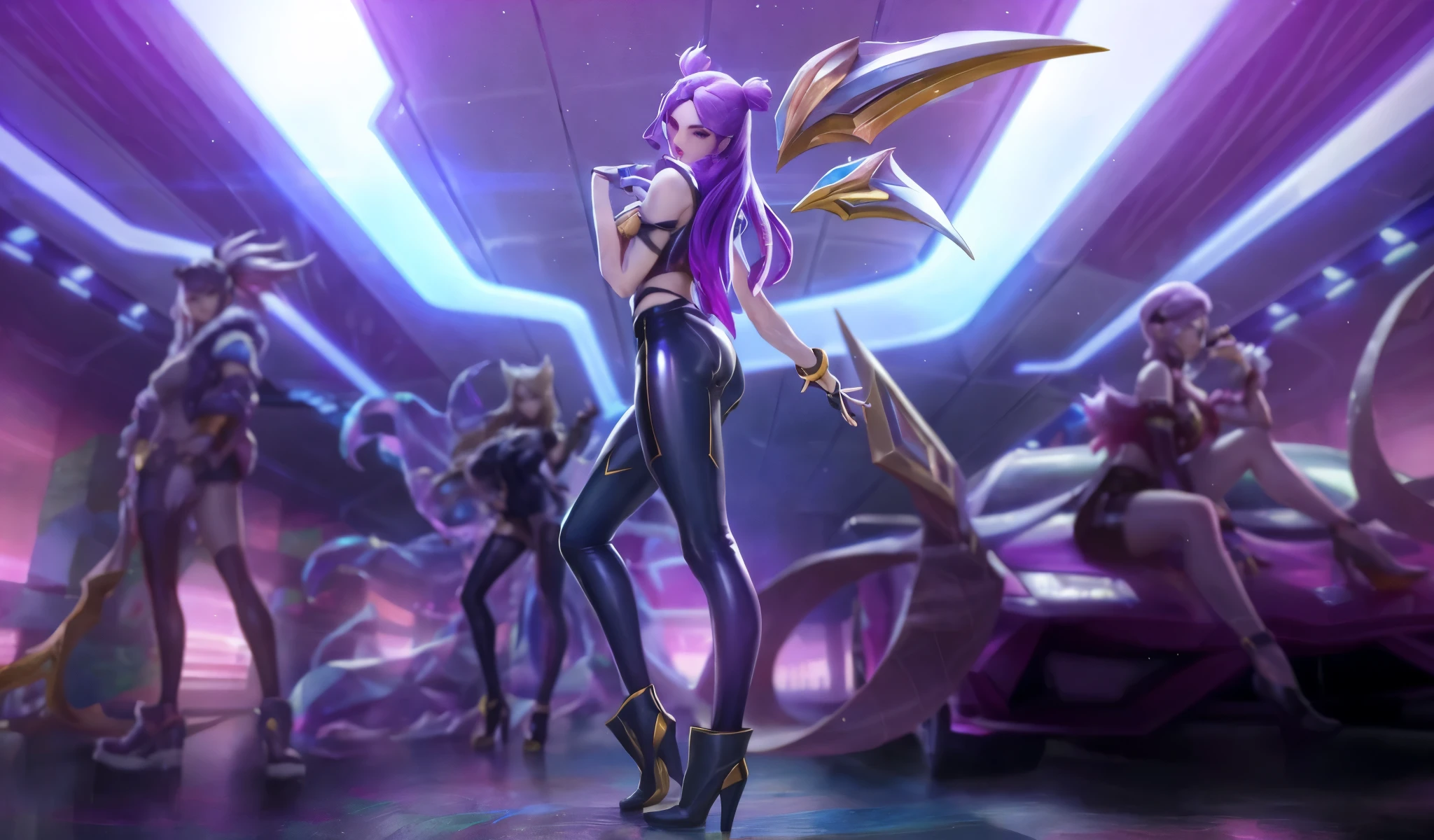  masterpiece ,  best quality , sharp focus,  high resolution, 8k,  as a PVC figure ,
in the center of the image,
kai'sa K/ DA League of Legends
A tough woman with purple hair wears a black top with golden details of tight latex and high heels,  making a confident pose . She has huge ,  gold wings and flashy , 
 LEAGUE OF LEGENDS STYLE {x} belts, personagem League of Legends, kda e Sam this,  League of Legends art style ,  League of Legends character art , official art,  League of Legends art style ,  League of Legends style feel
The entire scene is exploding with vibrant purples and blues ,  giving a science-fiction and cyberpunk ,  with a high-tech neon-illuminated backdrop with blurred figures adding depth .  The lighting is artificial ,  with a strong purple glow ,
