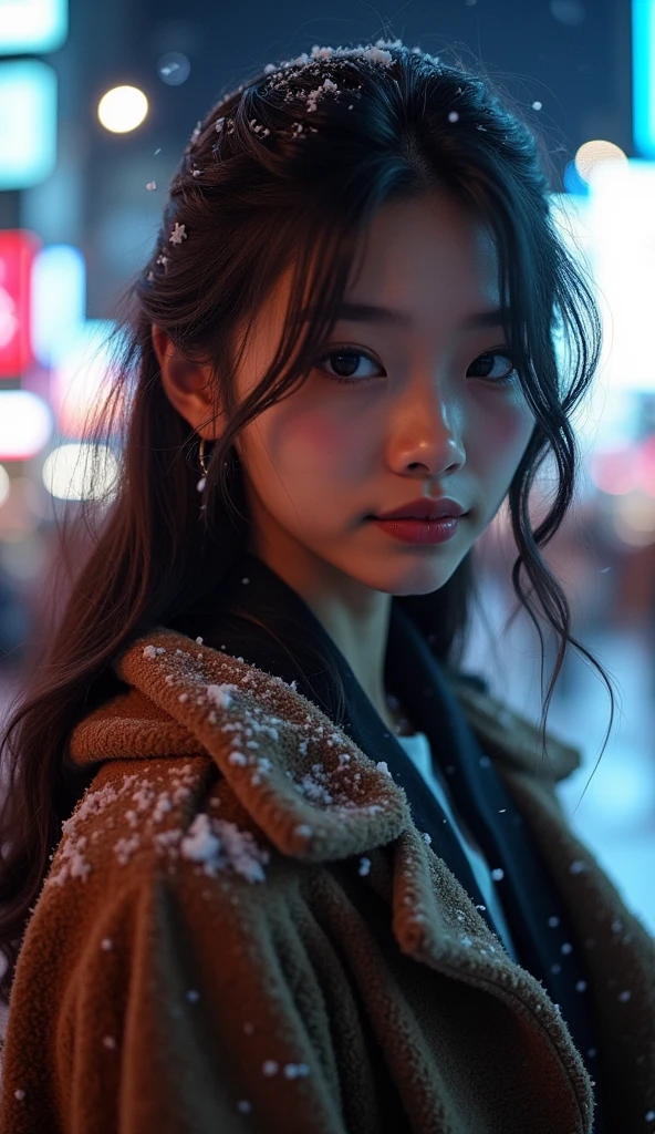 22 year old girl、 、White Breath、((Tokyo cityscape))( downtown at night)((Stylish clothes for winter))( sexy)
 snow is falling 、(( close-up)) best quality,  anatomically correct,  high detail,  very detailed,  textured skin ,  smiles, 