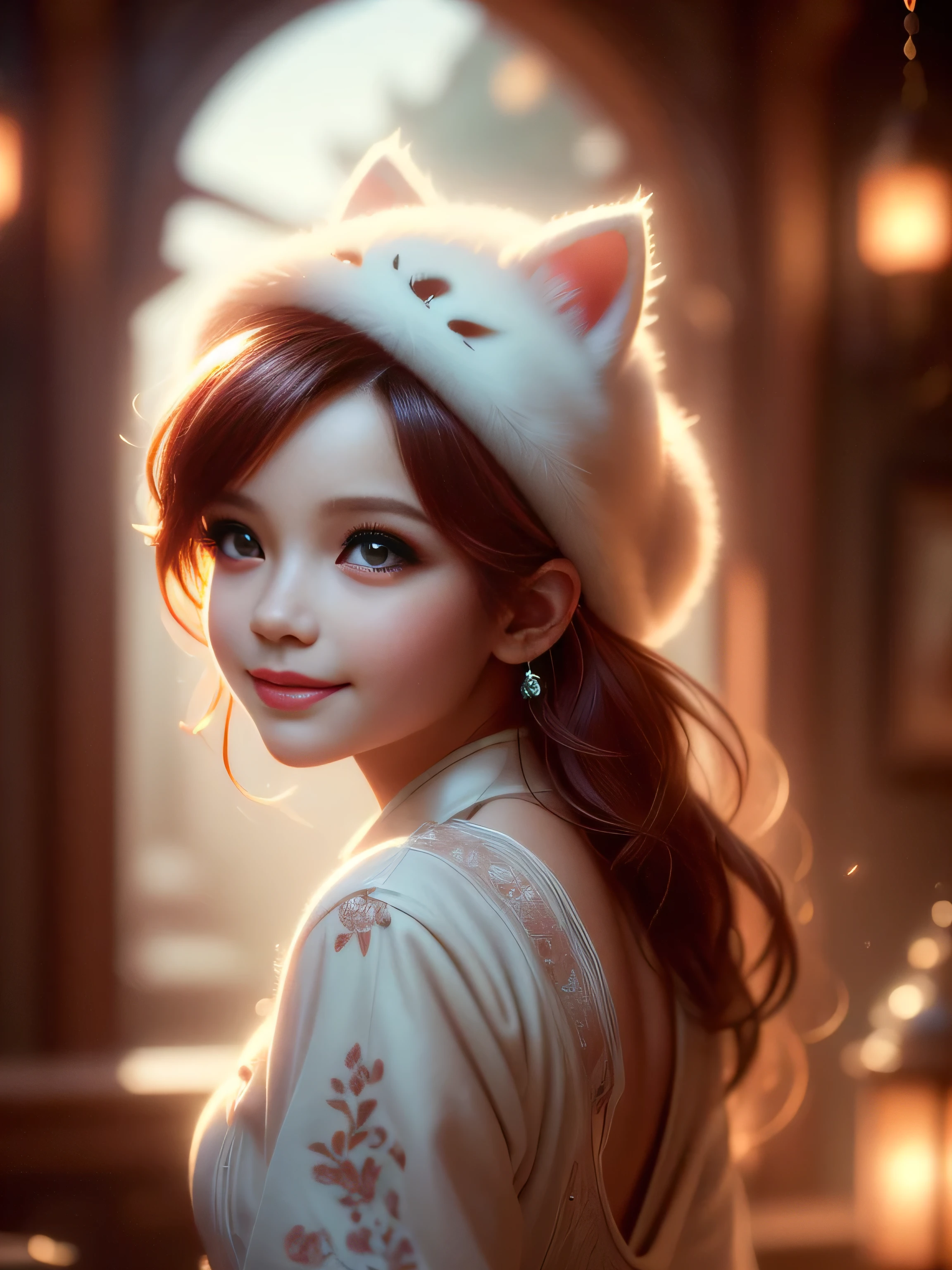 (Best Quality, Super Detailed, masterpiece, representative work, official art, professional, super high detail, 8k:1.3) Cute girl face wearing cat ear hat, Beautiful detailed eyes, Beautiful detailed lips, Demonic smile, Vivid colors, Red hair, Innocent expressions, Playful features, Natural lighting, Soft background, Photorealistic, Shining eyes, Sharp focus, Glowing skin, Sweet and mischievous look, Hint of mischief, Dreamy atmosphere, Delicate details, soft volumetric light, (backlight:1.3), (cinematic:1.2), intricate details, (ArtStation:1.3)