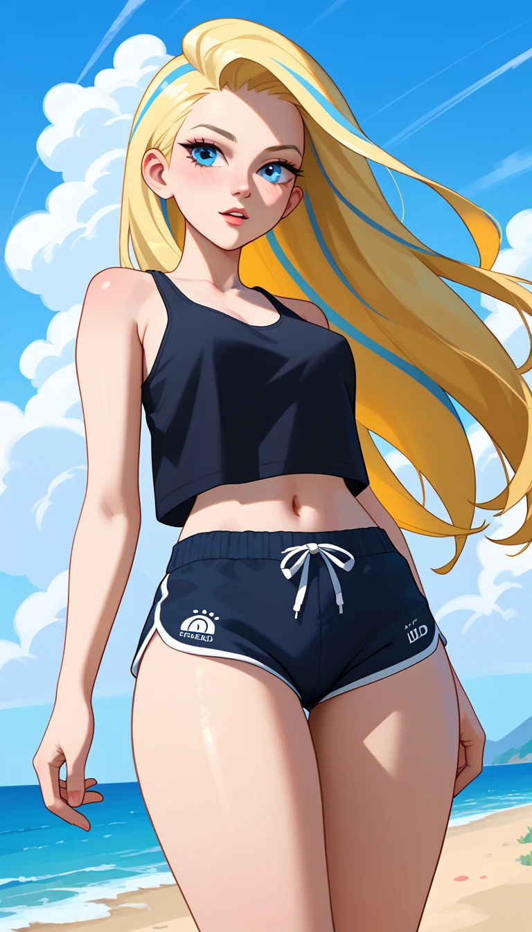  a girl wearing a tight black tank shirt and short blue dolphin shorts, valuing her thick thighs .  long blond hair ,  Blue Eyes.She dances on a cloud in a surreal world of bright colors and creative composition ,  the girl has an attractive body and her well-synchronized movements emit an infectious energy.