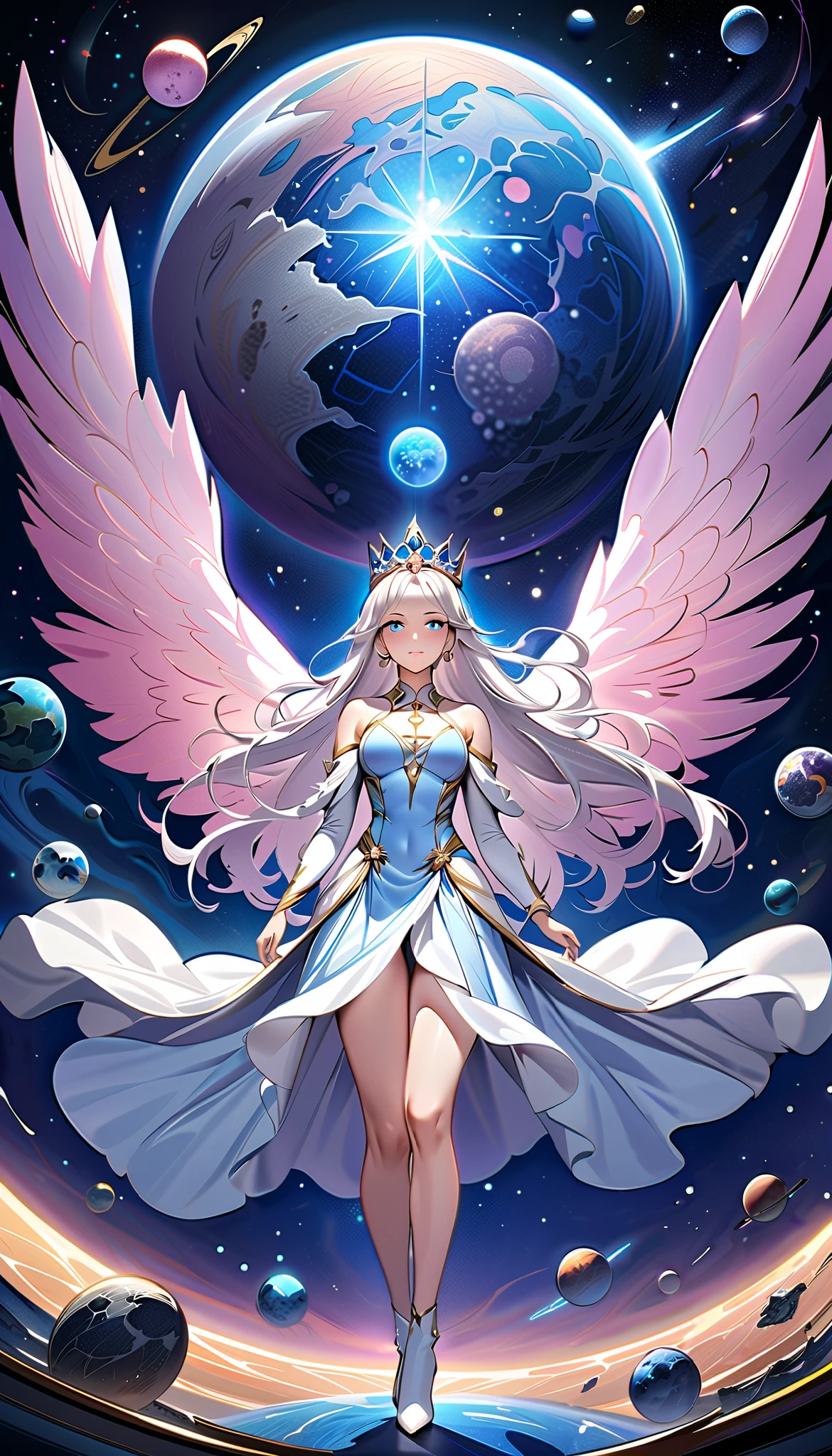 ( top quality,  high image quality,  high definition , 8k), The most beautiful goddess,  Anatomically Beautiful Body , Beautiful blue eyes, Beautiful pink lips,  perfect face,  Long Silky Straight Silver Hair, whole body,  White and Light Blue Royal Tunic ,  Quartz and Sapphire Crown ,  standing, Detailed illustrated art with quiet hand and foot movements ,  look at me and smile, Celestial Bodies, planet, nebula, solar system,  starry sky , meteor,  detailed illustrated art including backgrounds, 