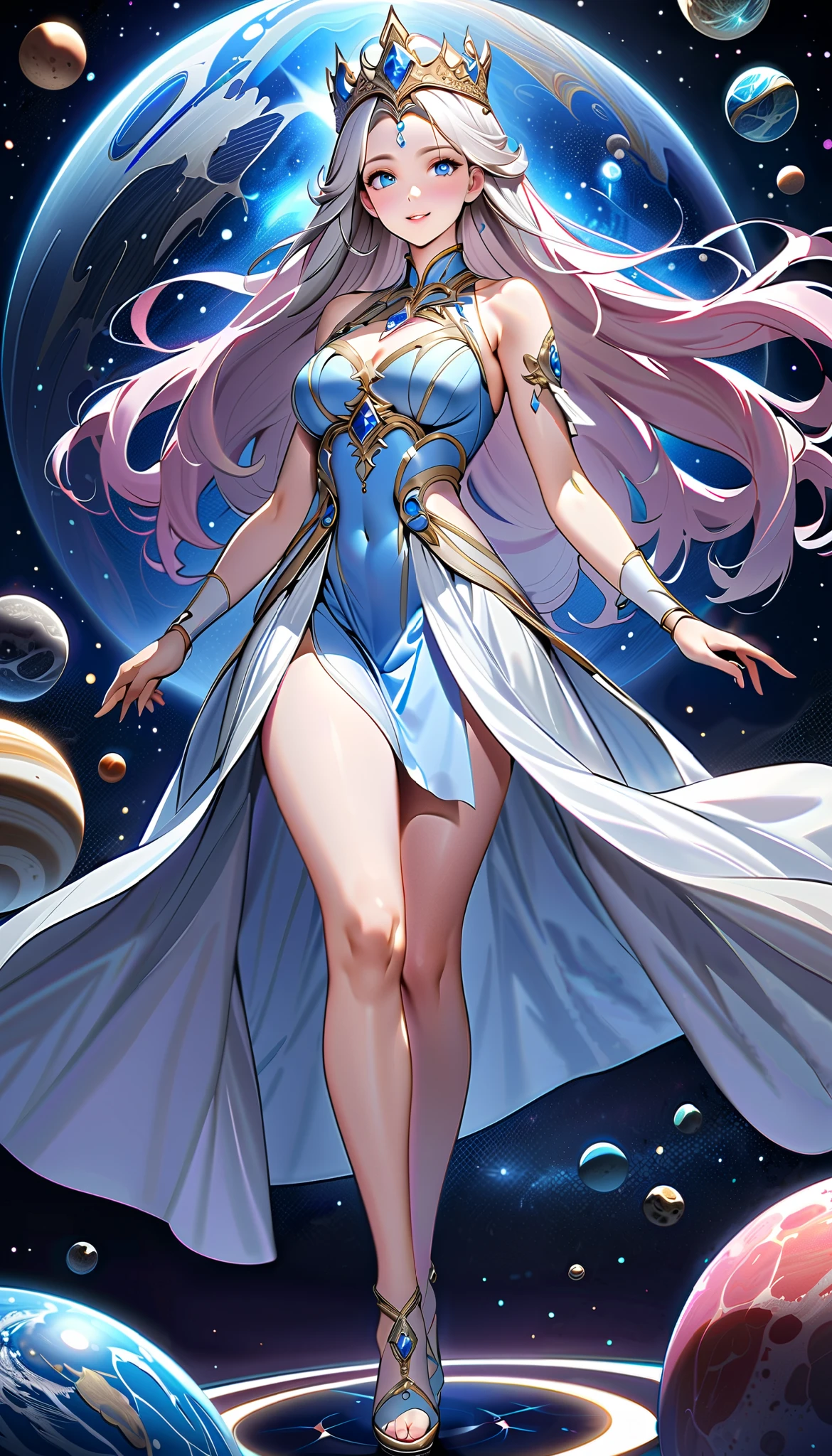 ( top quality,  high image quality,  high definition , 8k), The most beautiful goddess,  Anatomically Beautiful Body , Beautiful blue eyes, Beautiful pink lips,  perfect face,  Long Silky Straight Silver Hair, whole body,  White and Light Blue Royal Tunic ,  Quartz and Sapphire Crown ,  standing, Detailed illustrated art with quiet hand and foot movements ,  look at me and smile, Celestial Bodies, planet, nebula, solar system,  starry sky , meteor,  detailed illustrated art including backgrounds, 