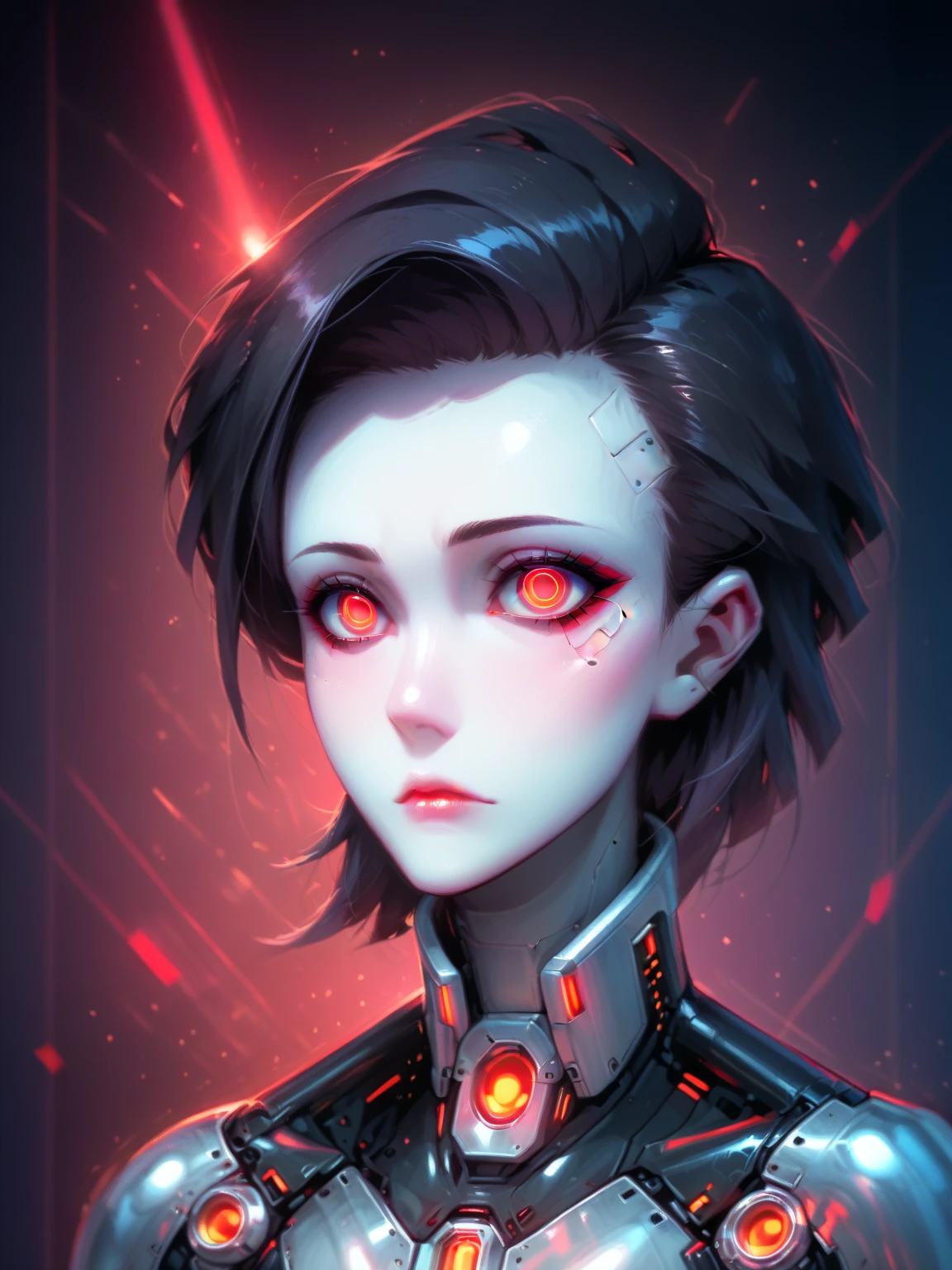 (((masterpiece))), (((highest quality))), ((super detailed)), (Highly detailed CG illustration), ((beautiful and delicate)), (cyberpunk shinobi), cinematic light, ((1 mechanical girl)), alone, portrait, (sleek black mechanical arms with red neon lines), (short black hair), (glowing gray eyes with violet hue), (high-tech suit with black and red accents), (neon cyberpunk cityscape background), (no expression), (character focus), SF.