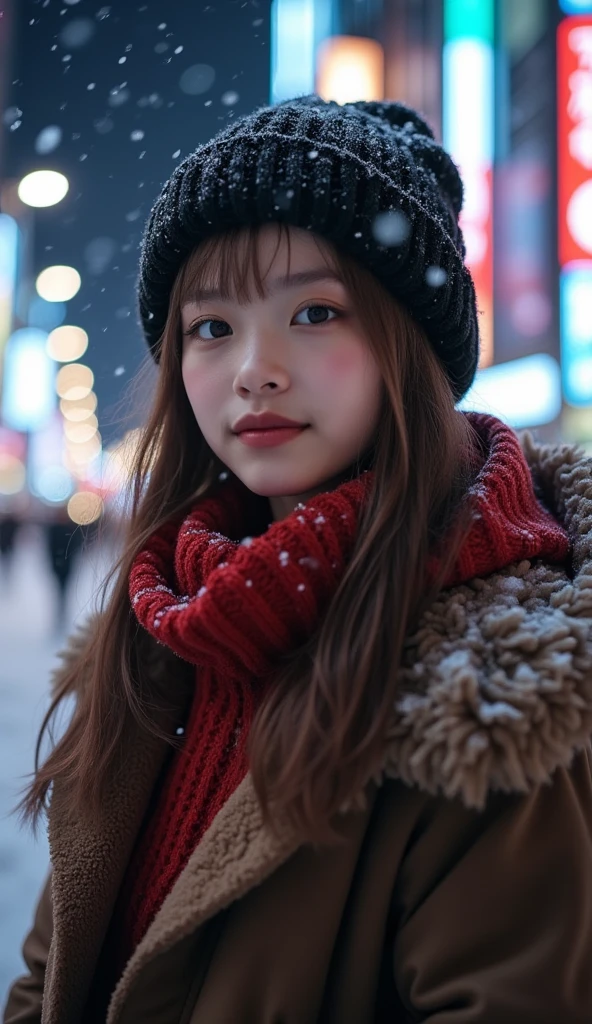 22 year old girl、 、White Breath、((Tokyo cityscape))( downtown at night)((Stylish clothes for winter))( sexy)
 snow is falling 、(( close-up)) best quality,  anatomically correct,  high detail,  very detailed,  textured skin ,  smiles, 