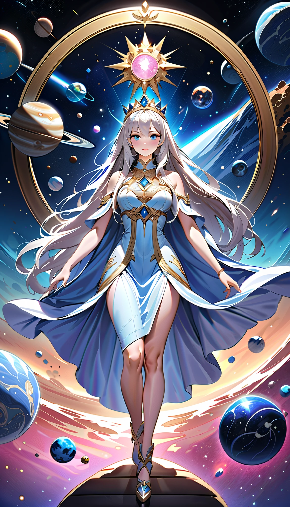 ( top quality,  high image quality,  high definition , 8k), The most beautiful goddess,  Anatomically Beautiful Body , Beautiful blue eyes, Beautiful pink lips,  perfect face,  Long Silky Straight Silver Hair, whole body,  White and Light Blue Royal Tunic ,  Quartz and Sapphire Crown ,  standing, Detailed illustrated art with quiet hand and foot movements ,  look at me and smile, Celestial Bodies, planet, nebula, solar system,  starry sky , meteor,  detailed illustrated art including backgrounds, 