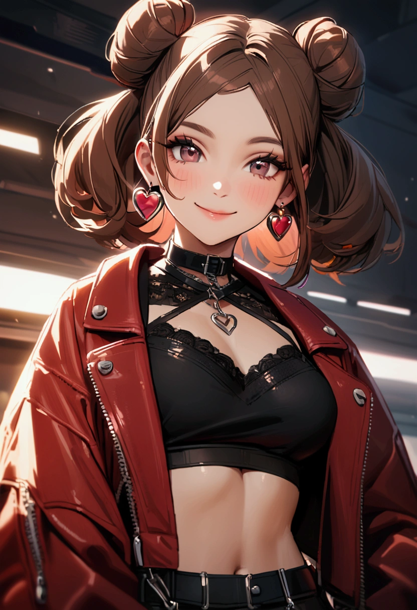 A beautiful woman with brown hair space buns, wearing heart shaped earrings, smiling at the camera, wearing a black crop top with a red leather jacket.