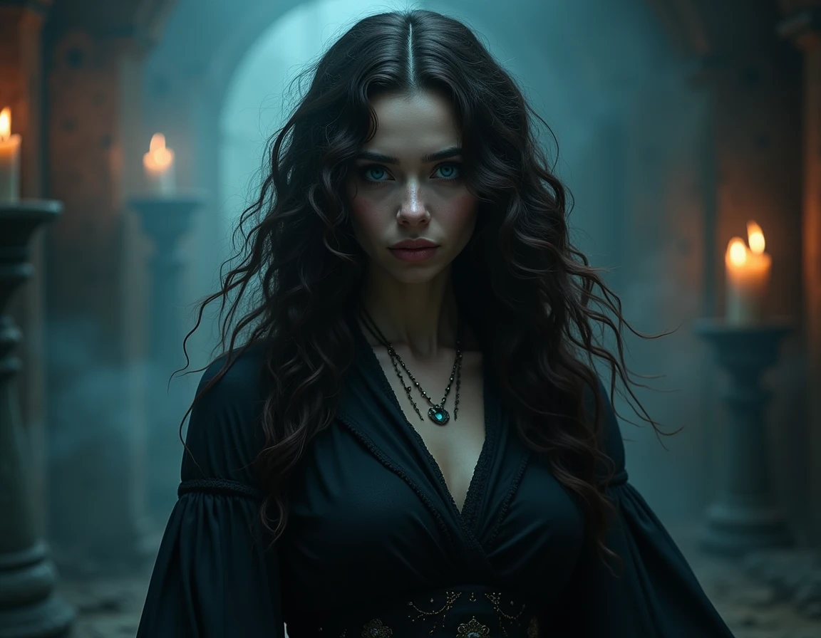 a dark witch in a green and silver bikini, daughter of severus snape and lily evans, beautiful detailed eyes,beautiful detailed lips,extremely detailed eyes and face,longeyelashes,1girl,elegant silver jewelry,dark fantasy,dark magic,green and silver color scheme,dramatic moody lighting,digital art,concept art,cinematic lighting,unreal engine,award winning,8k,hyper detailed,photorealistic,masterpiece