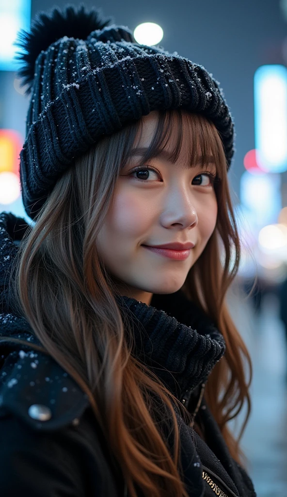 22 year old girl、 、White Breath、((Tokyo cityscape))( downtown at night)((Stylish clothes for winter))( sexy)
 snow is falling 、(( close-up)) best quality,  anatomically correct,  high detail,  very detailed,  textured skin ,  smiles, 