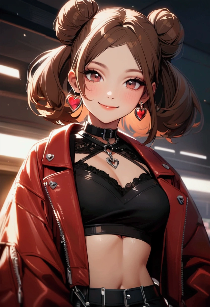 A beautiful woman with brown hair space buns, wearing heart shaped earrings, smiling at the camera, wearing a black crop top with a red leather jacket.