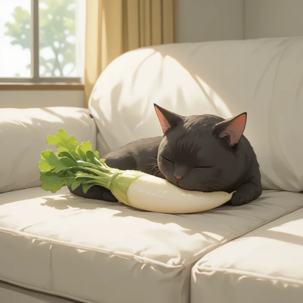 Very fat black cat sleeping with a lying radish as a pillow, On the sofa by the window in the living room, Japanese long white radish, Daikon, anime