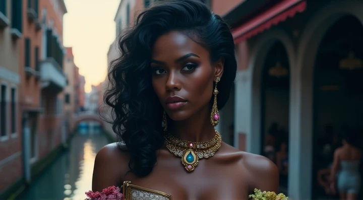 (masterpiece, best quality:1.5), highest quality, High resolution, super detailed, Realists, Bust portrait of a 22-year-old Black woman, black skin, detailed and beautiful eyes, beautiful detailed lips, very detailed eyes and face, longeyelashes, A 22-year-old woman in a long evening gown made of shimmering satin, Beautiful and colorful makeup, elegant and noble々Pose,shiny satin headband,, City as background, bright daylight, bright colors, fine brushstrokes, Portrait style, beautiful color palette, glowing skin, First-class rendering, that captures every detail, enchanting atmosphere, (perfect anatomy:1.2), (The stunning woman is wearing a long evening gown. She smiles flirtatiously., She stands and shows off her figure, (magnificent panorama view:1.2)