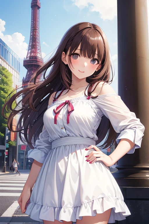 Game , goddess of victory nikke, Rapi , light brown hair,  alluring eyes ,beautiful face , crystal red eyes ,  long hair , Korean ruffles off shoulders tops , blue colour , cleavage,white colour solid ribbed knit pencil skirt ,selfie wind, 1 hand bag, cheerful eyes, ,g cup breast, slender waist, bewitching thighs, five fingers each hand, two hand ,two leg , in town, date, standing, beautiful, high heels, daylight, recreation park,