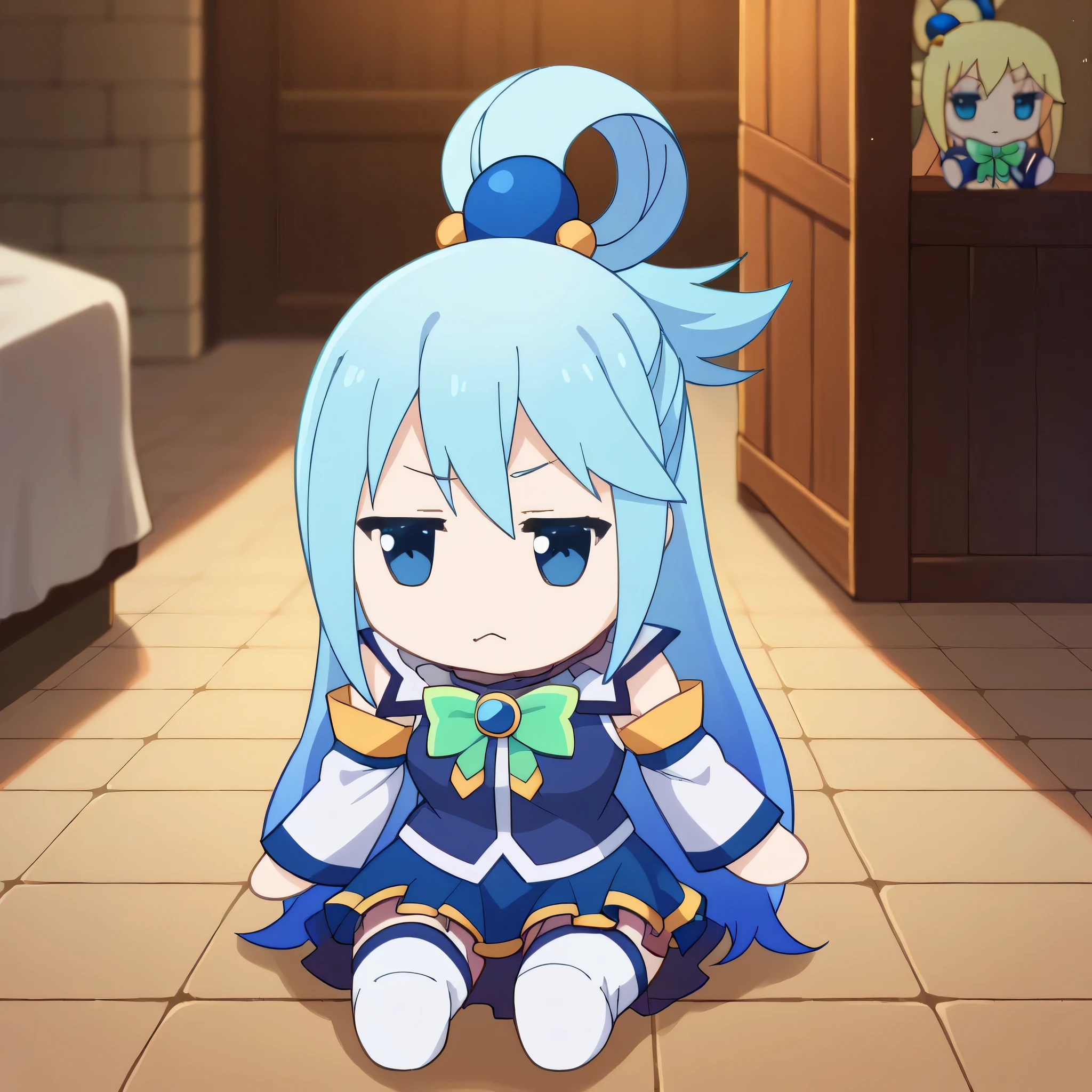 fumo \(doll\), chibi, sitting,aqua \(konosuba\), long hair, blue eyes, hair ornament, very long hair, blue hair, hair rings, single hair ring, hair bobbles,
skirt, shirt, thighhighs, bare shoulders, detached sleeves, white thighhighs, blue skirt, blue shirt, green bow,