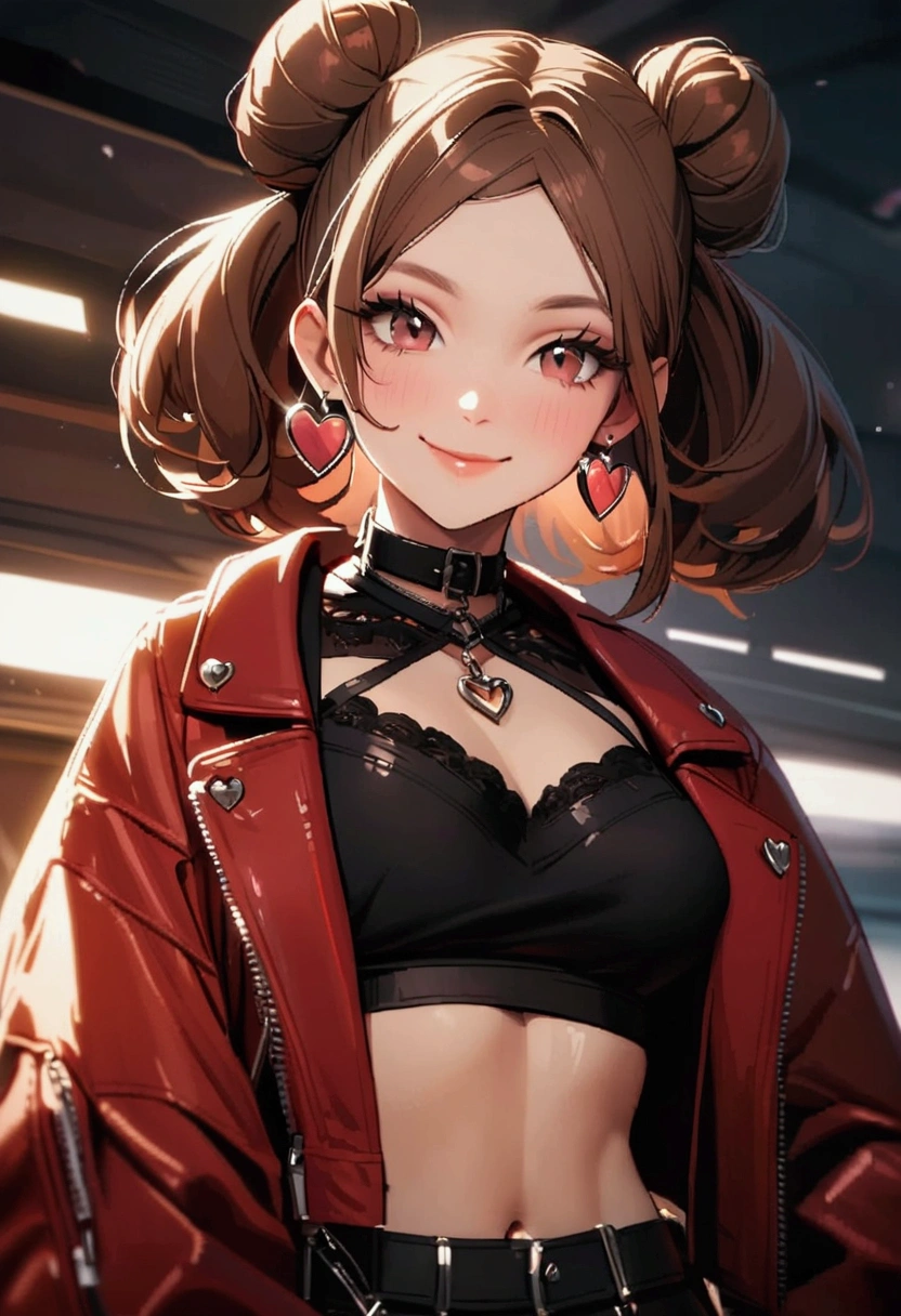 A beautiful woman with brown hair , wearing heart shaped glasses, smiling at the camera, wearing a black crop top with a red leather jacket.