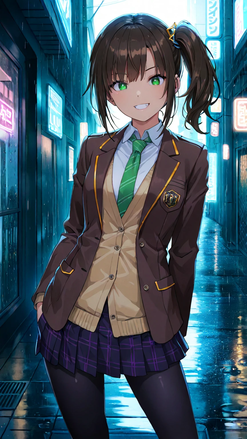 masterpiece, best quality, very aesthetic, photo realistic anime, Sharp Focus, high contrast, 1girl, detailed green eyes, grin, dark brown silky hair,  side ponytail, contrapposto, Captivating thighs, uniform, brown blazers, (hads in pocket, unbutton), Green tie, Plaid Pleated Skirt, black tights, rainy cyber city, at night