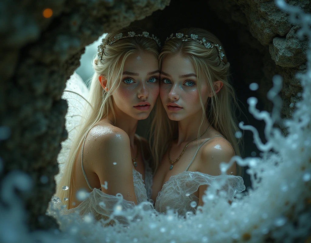 (masterpiece,Distinguished Quality,Mirror-like,Cinematic Experience,insanely detailed,absurdres),8k,full image shot),(2 females),(Emerging from the shimmering, iridescent depths of an enchanted ocean, a mesmerizing siren rises, ,8k,(2 females),(Emerging from the shimmering, iridescent depths of an enchanted ocean, a mesmerizing siren rises, luminous, pearlescent skin glistening with dew, long, flowing hair a wild tangle of seaweed and glittering, gemstone-encrusted locks, as her piercing, aquamarine eyes gleam with an otherworldly allure, and her shimmering, crystalline tail glimmers with a soft, ethereal light, beckoning sailors to their doom with a haunting, melodic song that echoes through the mystical, moonlit waves." Imagine the captivating, underwater scene! glittering, gemstone-encrusted locks, as her piercing, aquamarine eyes gleam with an otherworldly allure, and her shimmering, crystalline tail glimmers with a soft, ethereal light, beckoning sailors to their doom with a haunting, melodic song that echoes through the mystical, moonlit waves." Imagine the captivating, underwater scene!