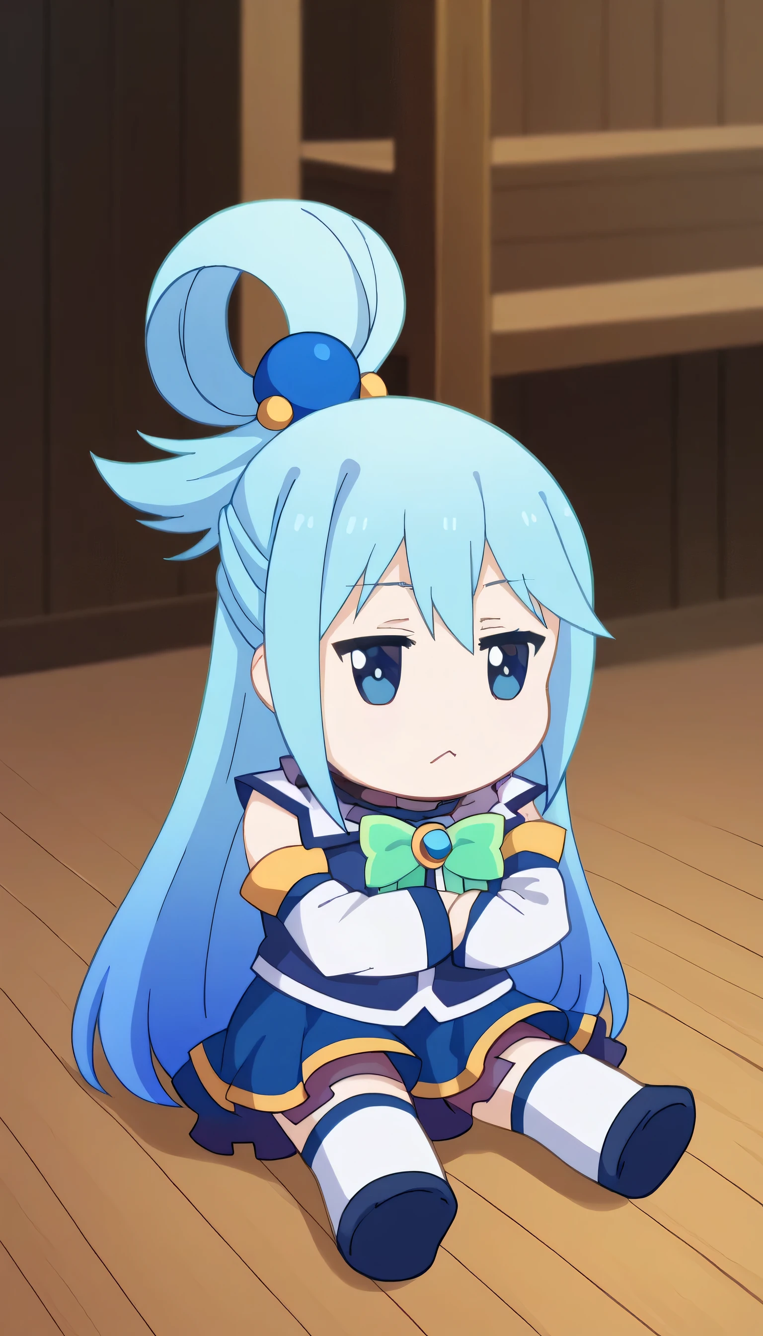 fumo \(doll\), chibi, sitting,aqua \(konosuba\), long hair, blue eyes, hair ornament, very long hair, blue hair, hair rings, single hair ring, hair bobbles,
skirt, shirt, thighhighs, bare shoulders, detached sleeves, white thighhighs, blue skirt, blue shirt, green bow,