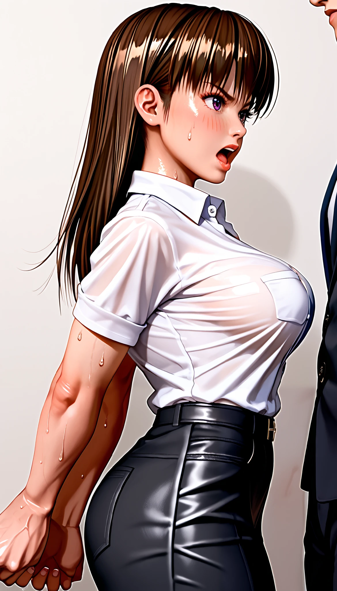 DOALeiFang, LeiFangDOA, gasp, 1girl ,1male, a male holding girl’s hip, glossy black pants, glossy white business shirt, arms behind back, {{arching the body backward}}, office lady, be breathless, sweat, sparkling sweat, trembling, long brown straight hair, breasts, [[angry]], blush, {anguish}, {{shameful}}, from side,