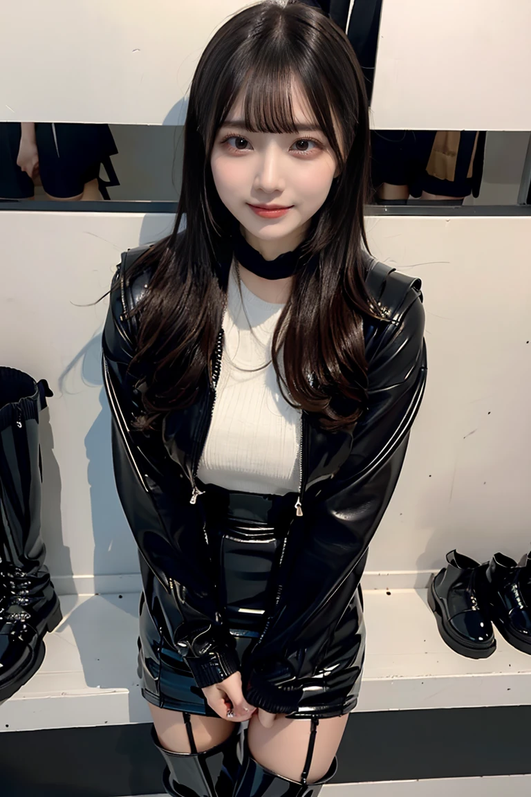 High resolution,table top,highest quality,very detailed, surreal, with a girl, The whole body is shown, wavy hair, black leather mini skirt,look away, profile, so beautiful,cute, 8k wallpaper, small details, very detailed8K壁紙 , gravure, model,foot fetish,foot