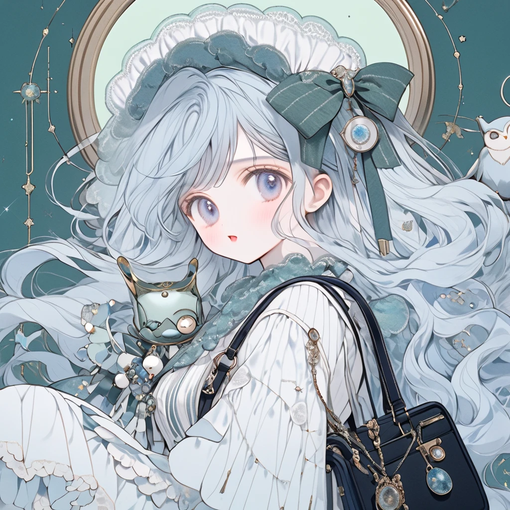 (  Masterpiece  ,  top quality,Ultra_  Details,  is high definition , Meaningless:1.2),  1 girl , _d, blue alone _hair, green_background, green_  owl under guard , light blue_  headwear, , bow, Chest,  owl under guard ,  constellation, frills, gray_bow,  handbag  ,  has  ,  has  _ribbon, open_mouth, (((light blueのhair))),Beautiful woman sitting on crescent moon , Looking into the distance ,  girly loose knit and long skirt, Mr.々Effects , ((light blueのhair)), (light blueの壁紙)