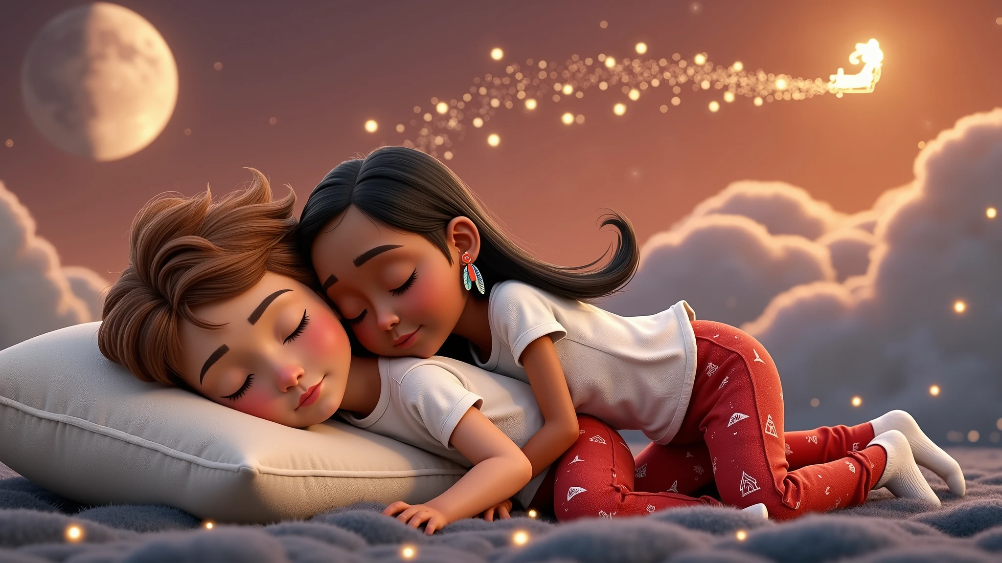 A touching and high resolution 3D illustration inspired by Disney Pixar art, featuring a cute  boy and girl, lying down and surely asleep under the night sky. They are hugging each other, their faces resting gently on the soft cloud-shaped pillow, and smiling slightly. The boy has very light brown hair slightly curly, cut short on the sides, and tanned skin, while the girl has long, straight, black hair with a colorful feather earring and light brown skin of a Brazilian Indian, beautiful, sensual, attractive and provocative, . They wear white T-shirts and red pants adorned with Christmas motifs and white Christmas socks. The sky above them is bathed in an orange hue, with starry stars twinkling and a guiding star shining brightly. A full moon is eclipsed by the shadow of a flying sleigh that leaves a radiant trail in its wake. The scene exudes a vibrant, Christmassy feel in a breathtaking landscape, where they appear to sleep among white cumulonimbus clouds.