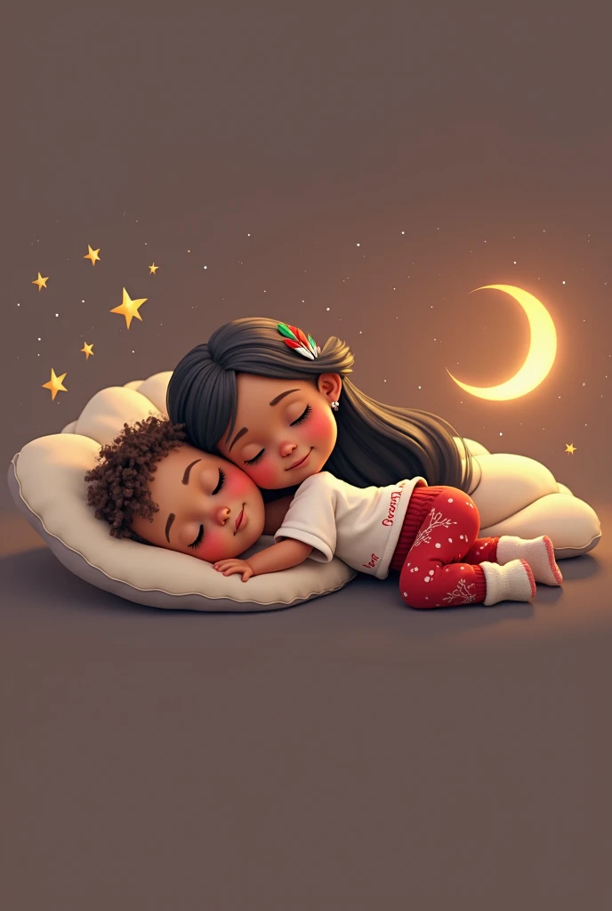 A touching and high resolution 3D illustration inspired by Disney Pixar art, featuring a cute  2YO, 2 ANOS DE IDADE, AGE:2 boy and 2YO, 2 ANOS DE IDADE, AGE:2 girl, lying down and surely asleep under the night sky. They are hugging each other, their faces resting gently on the soft cloud-shaped pillow, and smiling slightly. The boy has very light brown hair slightly curly, cut short on the sides, and tanned skin, while the girl has long, straight, black hair with a colorful feather earring and light brown skin of a Brazilian Indian, beautiful, sensual, attractive and provocative, . They wear white T-shirts and red pants adorned with Christmas motifs and white Christmas socks. The sky above them is bathed in an orange hue, with starry stars twinkling and a guiding star shining brightly. A full moon is eclipsed by the shadow of a flying sleigh that leaves a radiant trail in its wake. The scene exudes a vibrant, Christmassy feel in a breathtaking landscape, where they appear to sleep among white cumulonimbus clouds.