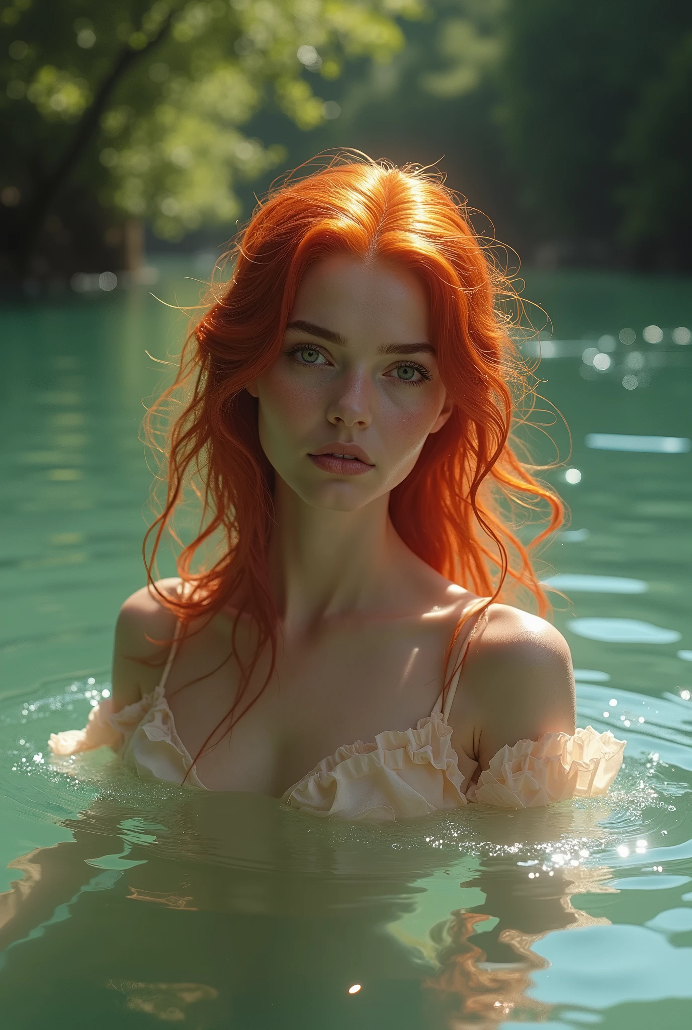 there is a woman with red hair in the water, in water up to her shoulders, nymph in the water, in water, in the water, hair floating in the water, coming out of the water, wet skin and hair blown by the wind, in the sea, young redhead in motion, body in water, a mermaid in the sea, in a lake