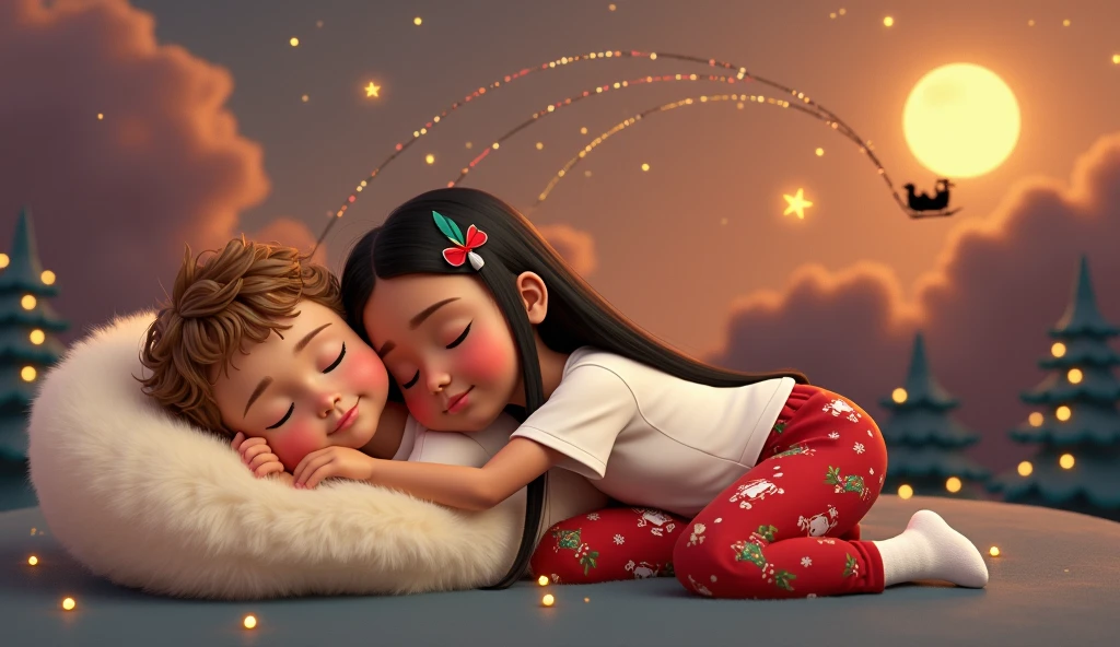 A touching and high resolution 3D illustration inspired by Disney Pixar art, featuring a cute 4YO, 4 ANOS DE IDADE, AGE:4 boy and 4YO, 4 ANOS DE IDADE, AGE:4 girl, lying down and surely asleep under the night sky. They are hugging each other, their faces resting gently on the soft cloud-shaped pillow, and smiling slightly. The boy has very light brown hair slightly curly, cut short on the sides, and tanned skin, while the girl has long, straight, black hair with a colorful feather earring and light brown skin of a Brazilian Indian, beautiful, sensual, attractive and provocative, . They wear white T-shirts and red pants adorned with Christmas motifs and white Christmas socks. The sky above them is bathed in an orange hue, with starry stars twinkling and a guiding star shining brightly. A full moon is eclipsed by the shadow of a flying sleigh that leaves a radiant trail in its wake. The scene exudes a vibrant, Christmassy feel in a breathtaking landscape, where they appear to sleep among white cumulonimbus clouds.