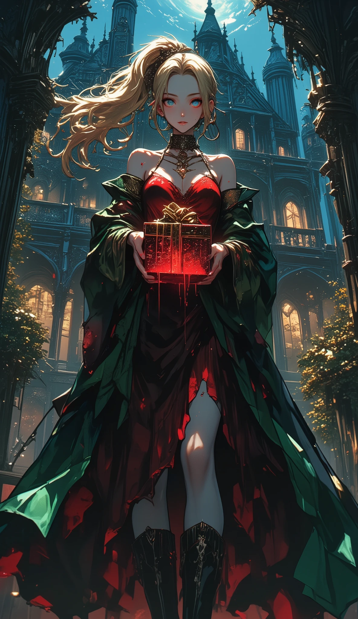 a picture of vampire standing in the front of her home holding a (blood: 1.3) dripping (gift box: 1.5), an exquisite beautiful female vampire in her front door of her home, full body (ultra detailed, Masterpiece, best quality), ultra detailed face (ultra detailed, Masterpiece, best quality), grey skin: 1.3 , blond hair, hair in a ponytail, long hair, blue eyes, cold eyes, glowing eyes, intense eyes, [drops of blood on face] (ultra detailed, Masterpiece, best quality), dark red lips, [vampire fangs], wearing red dress (ultra detailed, Masterpiece, best quality), (green: 1.4) dark green cloak, (green: 1.3) green high heeled boots in front of her home, holding a (white: 1.4) gift box dripping red blood GlowingRunes_red anime style (ultra detailed, Masterpiece, best quality, high details, best quality, 16k, [ultra detailed], masterpiece, best quality, (ultra detailed), full body, ultra wide shot, photorealism, luis royo style, dark fantasy art, moon light coming through the window, moon rays, gothic art, sense of dread, sense of seduction, bloodmagic,anime