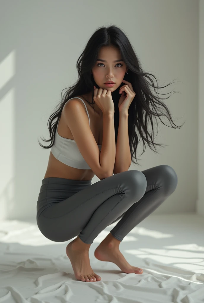 Asian most beautiful girl
Wearing sky blue jeans high heels and a tank top
Boobs size 34 d
Waist size 32
Front view
Curvy body
Doing squat