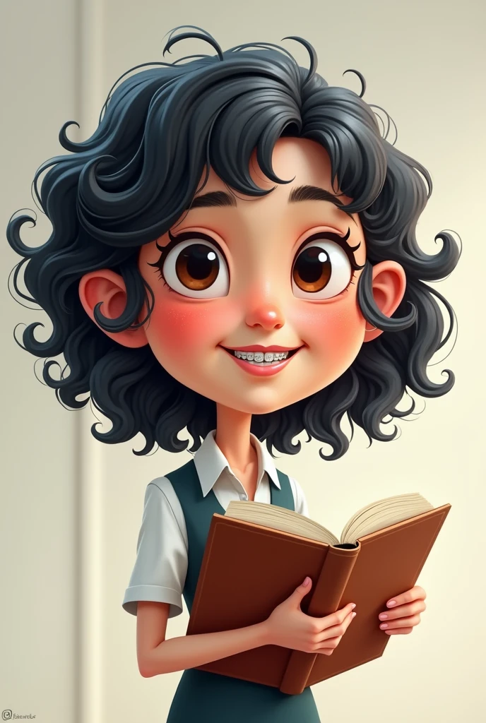 Caricature of a black-haired teacher with curly white locks, Eyes tight and dark brown,   with braces ,  slightly reddish cheeks , thin, with book in hand 