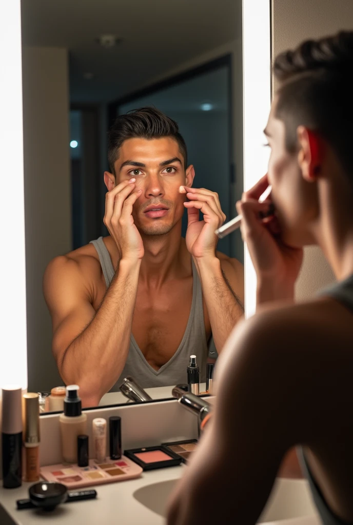 A realistic Brazilian man in front of a mirror wearing only his underwear, marking his penis 