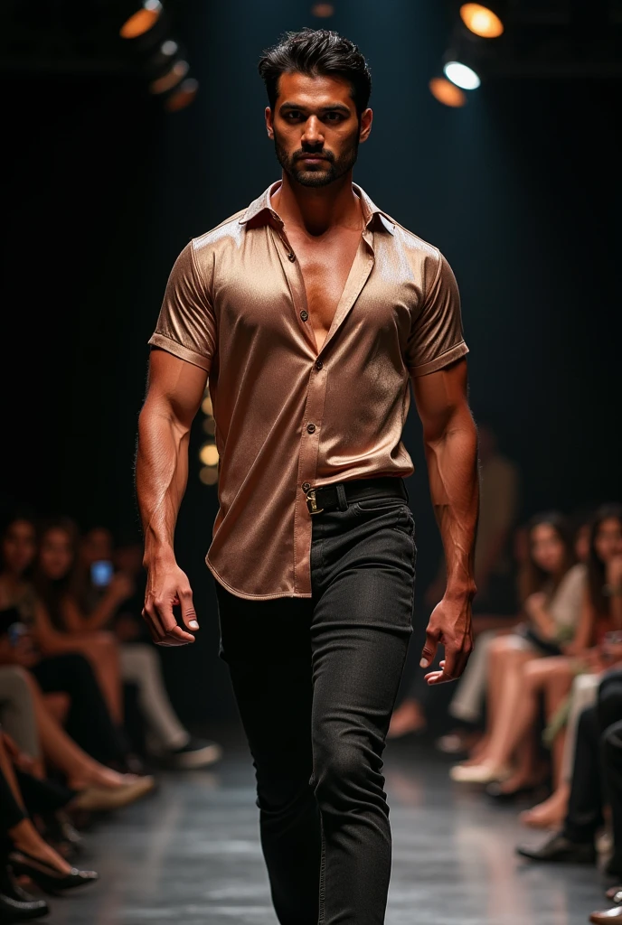 man parading without t-shirt, gypsy, fashion show, milan fashion, show, sexy and mysterious, gypsy