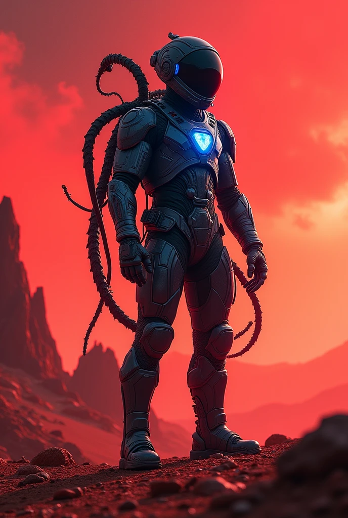 A futuristic astronaut standing on a desolate Martian plain, a glowing black and blue alien symbiote enveloping his body, under a vivid crimson sky
