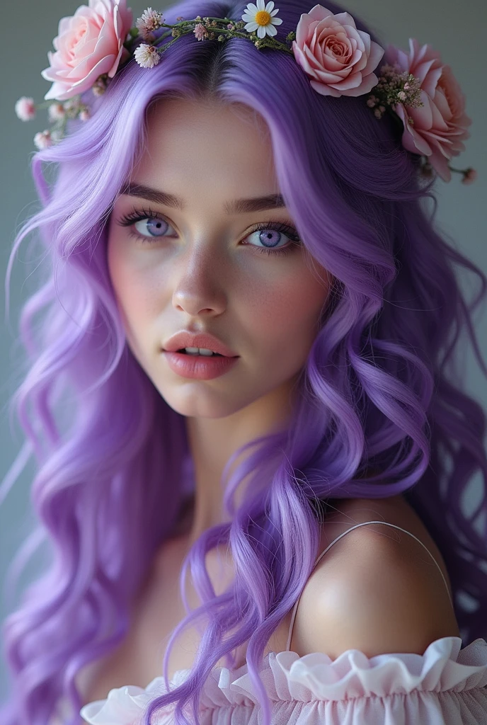 Purple hair, blue eyes, long hair, beautiful white woman, dressed up, flower on head