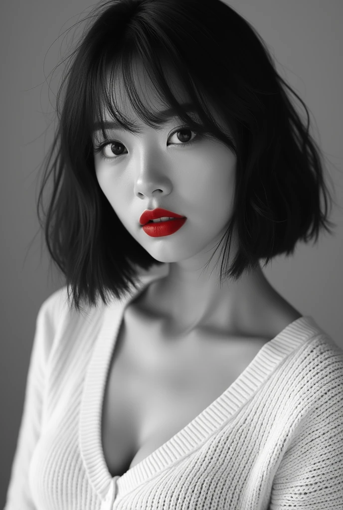 (((Black and white art:1.2、Black and white photography、RAW Photos、Film Grain)))、A beautiful 21 year old Japanese woman、((Fuller lips、Sexy red lips:1.3))、Attractive hairstyle、skirt、Highest quality、High resolution、High resolution、Cinema Lighting、Black and white photography、Professional Photographer、slim、Fashion Model