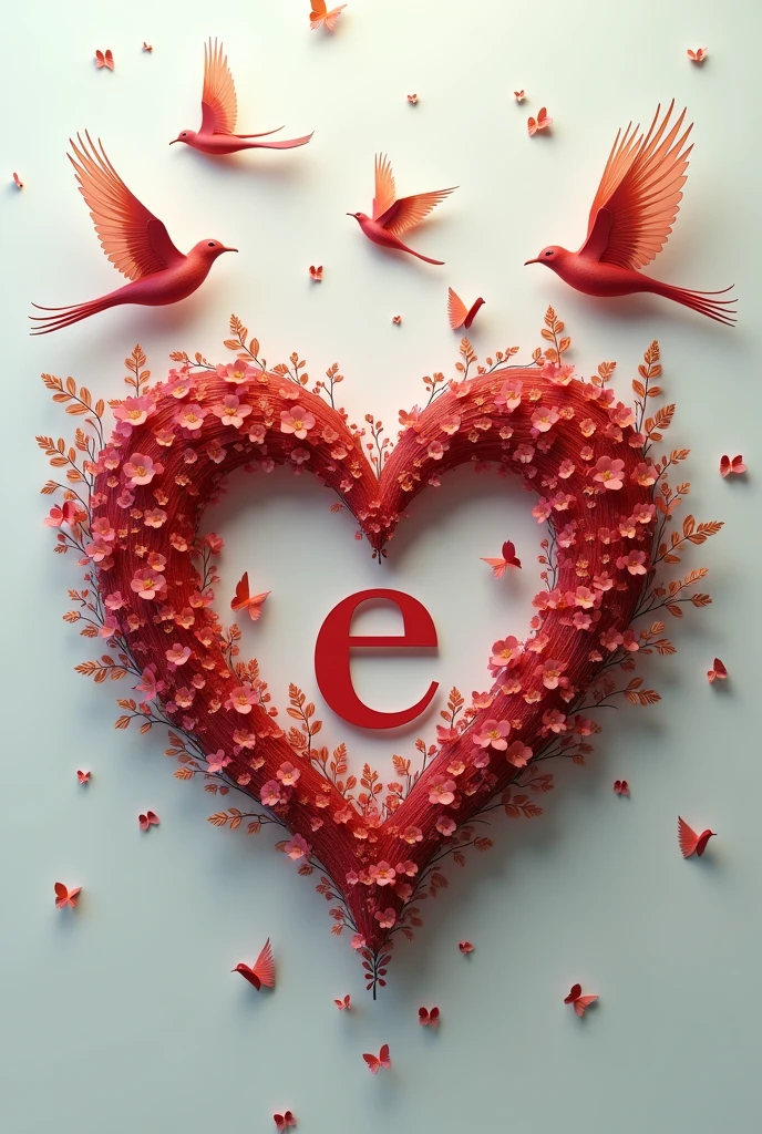 A heart containing the letter 'E' should be designed in a way that looks aesthetically pleasing. The heart should have a 3D effect, and there should be some birds above it to enhance the visual appeal.

