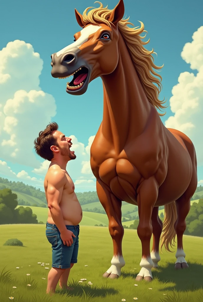 A chubby guy and an anime horse