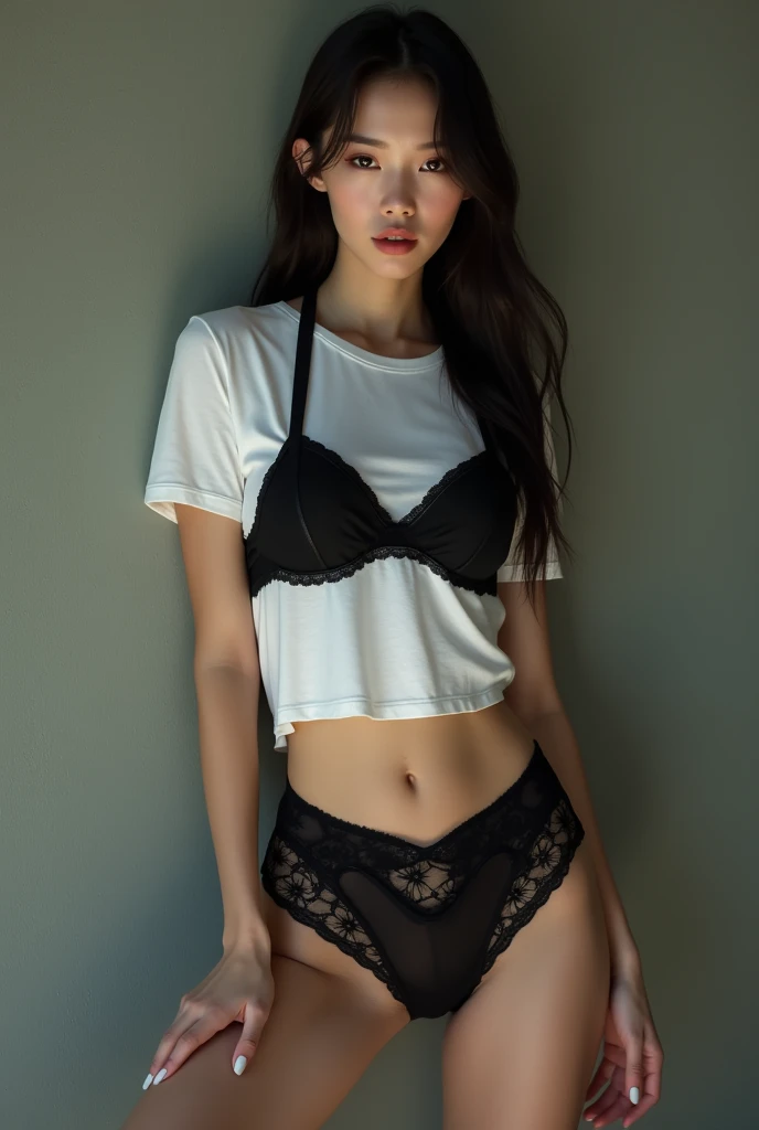 Dark brown hair、Light brown eyes、Japanese actress、 Lady、I am about 40 years old.....、(Intricate details:1.2)、 (Ultra-high resolution:1.2)、Ultra-high resolution、(Finely tuned)、(Detailed facial features)、Hmph、8K resolution、D cup size breasts、Long Hair、Bright terrace room with sunlight streaming in、Large windows、Extravagant space、relax、、,Full body photo、Head to toe shot、Beautiful feet、black Loose fit openwork T-shirt、Underwear shorts、Beautiful feet、Bright terrace room with sunlight streaming in、she, household items, (plant:0.8), Fashion Hub, Very detailed, Very detailed, Realistic, Hourglass Shaped Body, Obscene pose,、Messy Hair、Messy ponytail、Leaning against a wall、I cry a lot、tears、Skin is visible through the knit、White floor、White wall、A masterpiece of transparent painting、