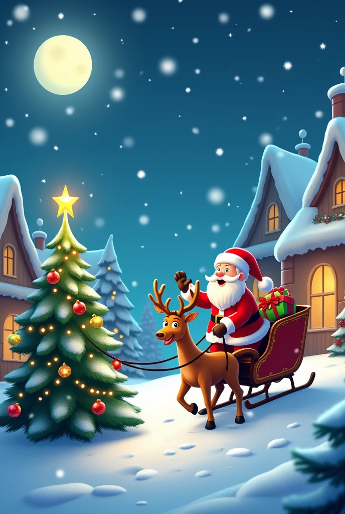 Christmas hd wallpaper, Santa Claus cartoon, riding, Decorated Christmas tree, snowfall, beautiful night view, homes in background